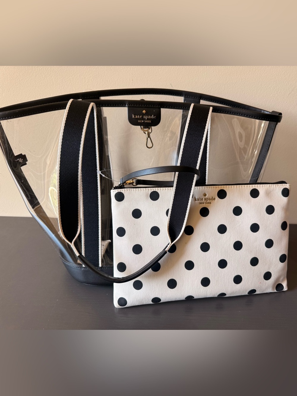 Like-new Kate Spade  Black & White Clear Tote with Polka Dot Pouch
